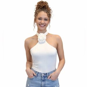 TCEC White Halter Bodysuit Juniors Size M Floral Choker Neck Stretchy